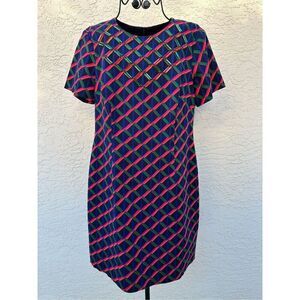 Trina Turk Navy Red Geometric‎ Short Sleeves Beaded Shift Dress Size 10